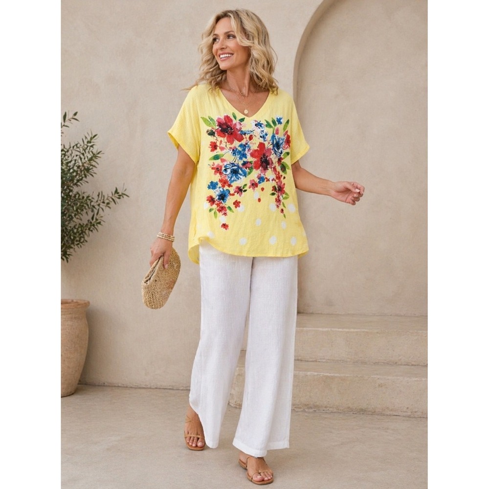 JESS & JANE Cotton Gauze Top XL Short Sleeve Floral Lagenlook Boho Spring Boho - Picture 10 of 10